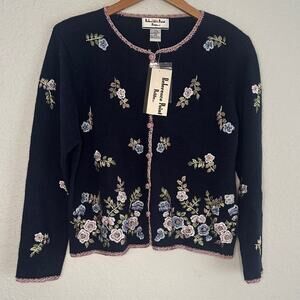 NEW Reference Point Embroidered Cardigan Sweater Grandma Cottage 90s NWT Navy